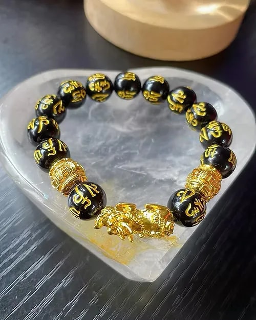 SC 黑矅石刻六字大明咒手串 （12mm）